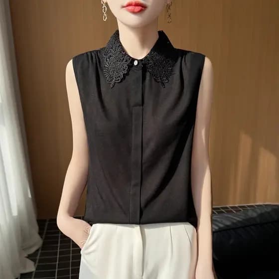 2026 primavera verão novo estilo Real seda cetim colete feminino renda POLO exterior lapela sem mangas camisa interior t