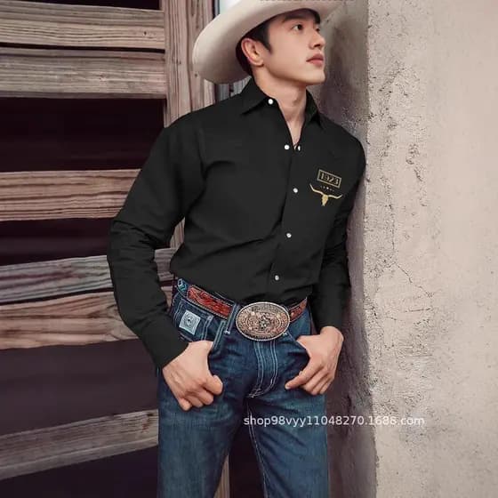 2025 outono camisa masculina de manga comprida cabeça de touro lapela camisa Retro High-End na moda