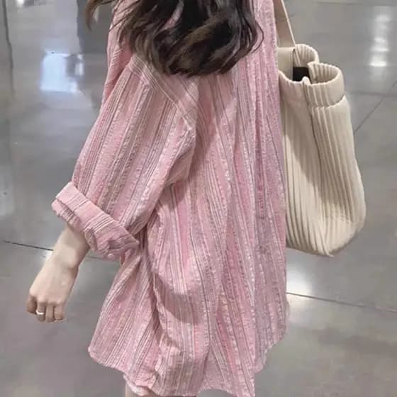 Camisa listrada rosa feminina verão estilo fino 2026 novo estilo protetor solar Cardigan camisa jaqueta Design nicho top