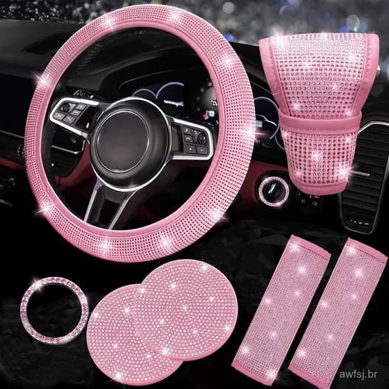 Capa De Volante De Diamante De Carro , Conjunto De Acessórios De Strass Brilhante De 7 Peças , Capas De Cinto De Seguran