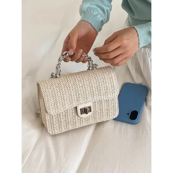 Bolsa bolsa femenina Pastoral minimalista Retro saco de palha moda All-Match pequeno quadrado saco estilo férias tecido