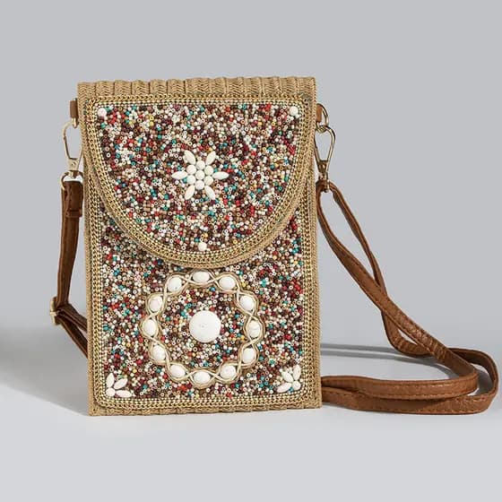 bolsa femenina Bolsa Bolsa de palha artesanal estilo boêmio, contas de arroz, turquesa, pequena, transversal, bolsa de o