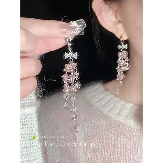 brinco de pressao feminino brincos feminino Rosa Bowknot cristal borla brincos feminino 2025 novo estilo High-End estilo