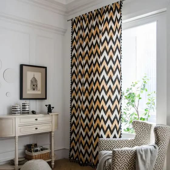 Cortina produto acabado algodão linho impressão americano simples preto borla estilo boêmio ouro ondulado quarto Bay jan