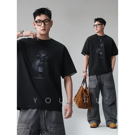 American Street Wear preto personagem impressão em torno do pescoço caído manga de ombro camiseta masculina 2026 verão n