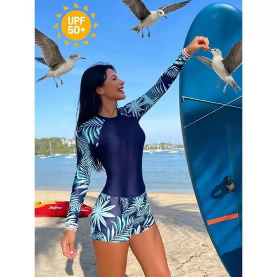 HNYHWKR Maiô estampado de manga comprida, protetor solar feminino, Anti-ultravioleta, divisão, conservador, surf tankini