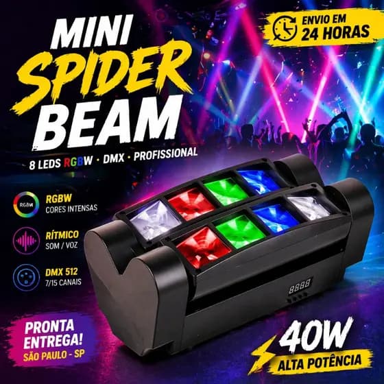 Luz Palco Dj Mini Spider Beam 8 Leds 40W RGBW DMX Profissional Festa