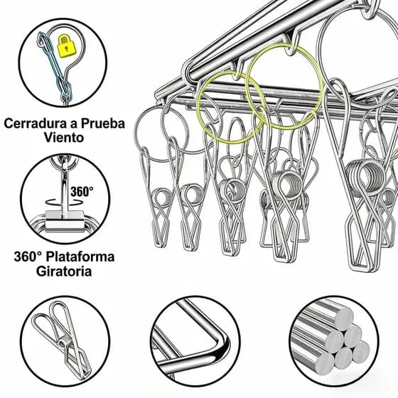 Varal Retângulo Inox Para Apartamento Roupa 40 Clips Prendedores