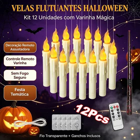 Kit 12 Velas Eletrônicas Flutuantes LED com Varinha Mágica Controle Remoto, Sem Chama, Decoração Halloween Festa