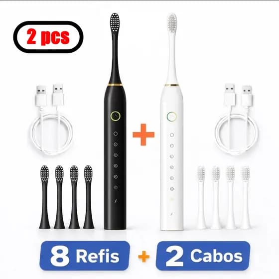 Kit 2 Escovas Elétricas Sônicas Recarregáveis IPX7 USB + 8 Cabeças Reserva
