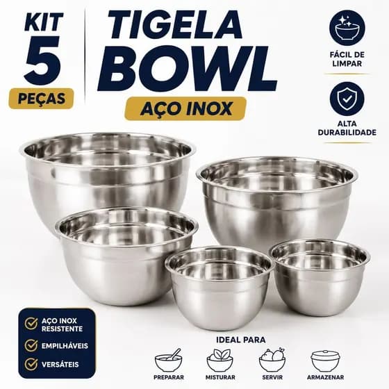 Jogo de Bowl Inox 5/10 Peças Tigela Inox Empilhável 14cm 16cm 20cm 22cm 24cm Gamela Bacia Cozinha