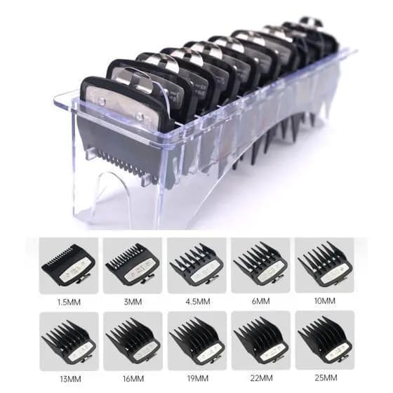 Kit 10 Pentes Especiais Degrade Com Trava De Metal Pra Maquina de Corte Wahl com Suporte Acrílico
