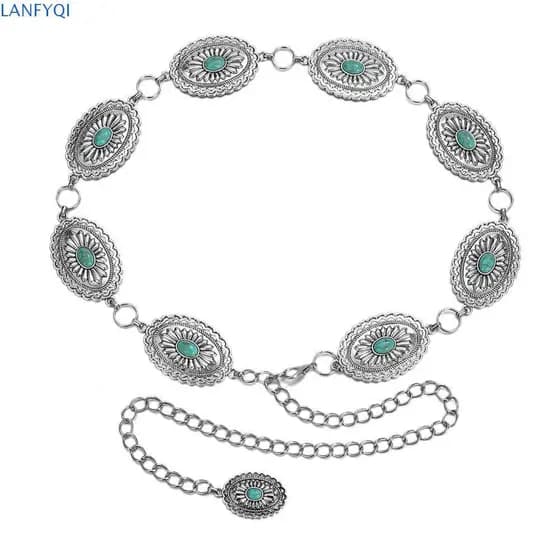 LANFYQI Cinto Boêmio , Corrente De Cintura Turquesa Com Design Minoritário Estilo Étnico Praia Vintage