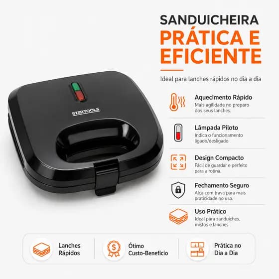Sanduicheira Elétrica Startools - Potência 750W, Design Compacto, Placas Antiaderentes