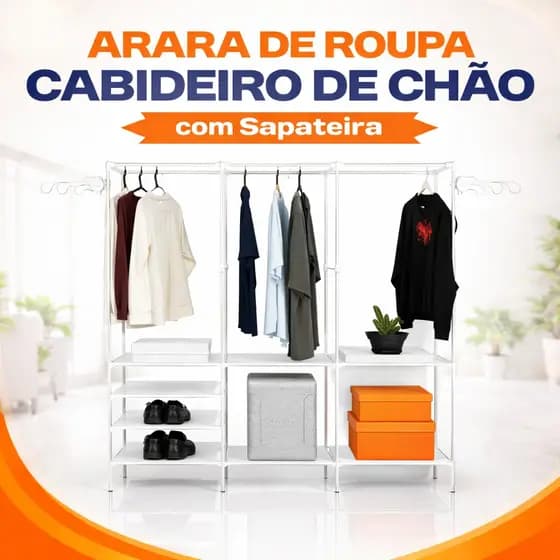 Arara de Roupas de Chão Grande Branca ou Preta com Sapateira Cabideiro Organizador Multiuso em Aço Inox