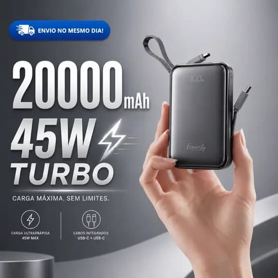 Carregador Portátil 20000mAh Turbo 45W Power Bank Digital com 2 Cabos Tipo-C Saída Dupla para iPhone