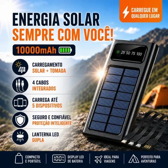 7.7 Liquidação Carregador Portátil Power Bank Solar 10000mAh Com 4 Cabos - Alta Capacidade Universal
