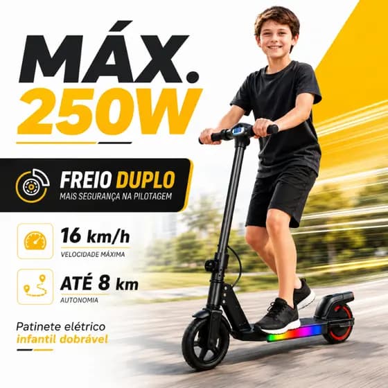 7.7 Liquidação Patinete Elétrico Infantil 250W 80kg 6.5" Luz LED Dobrável Menino Menina