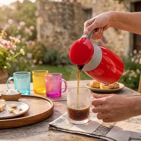 Jogo De Café Garrafa Térmica 190ml E 4 Canecas De Vidro Kit Café Chá Cozinha Vermelho + Rosa