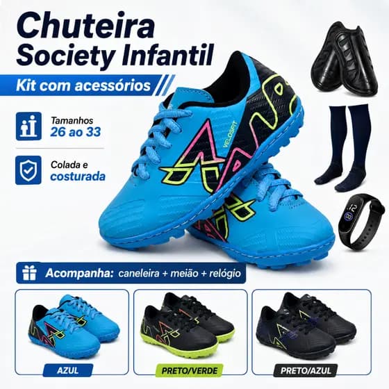 Chuteira Society VELOSFIT colada e costurada Infantil 26 ao 33 com Caneleira Meião Relógio