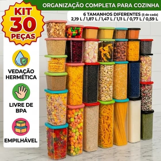 Conjunto 30 Potes Herméticos Organizador de Armário e Geladeira Alimentos Transparente BPA Free