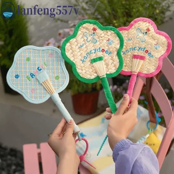 Ventiladores Manuais De Palha LANFENG , Ventilador Ajustável Com Manivela Em Forma De Flor Tecido Bonito Portátil Feito