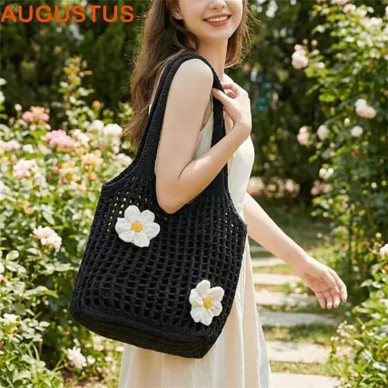 Bolsa Tote De Malha AUGUSTUS , De Crochê De Grande Capacidade Com Flores Hobo Estilo Coreano Ombro Oca