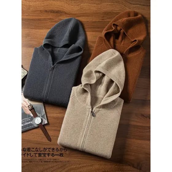 100% suéter de caxemira puro moda masculina com capuz zíper Cardigan negócios Casual suéter com capuz suor