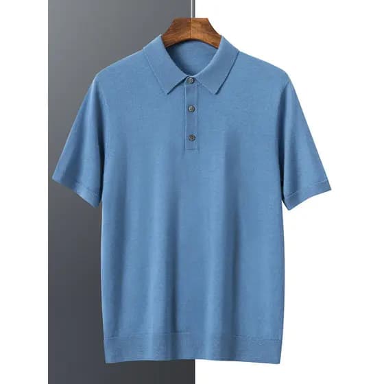 Camisa polo masculina de manga curta, camisa polo fina de malha com lapela fina de negócios, suéter de meia manga com fu