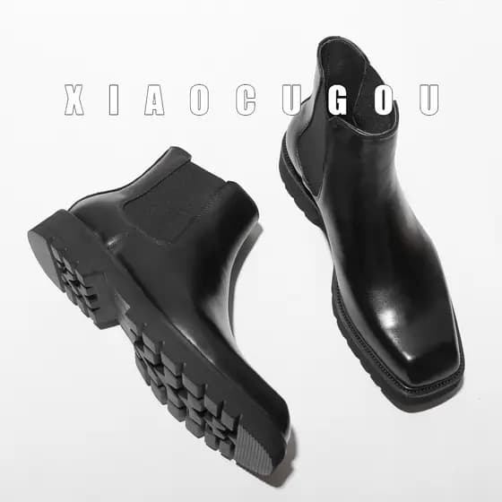 Botas masculinas de couro genuíno com bico quadrado Chelsea com camada superior de couro Martin de sola grossa estilo br
