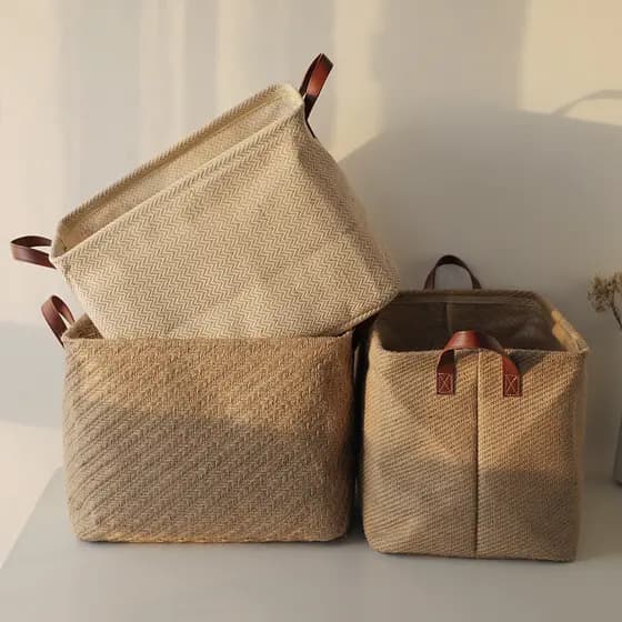 Cesta de armazenamento de guarda-roupa simples, tecido de juta, armazenamento dobrável, caixa de armazenamento, artigos