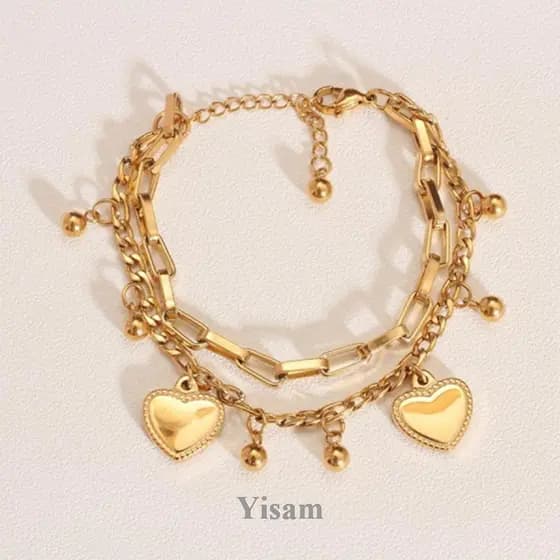 Pulseira De Coração Duplo Yisam Titanium Para Mulher Gelang 18k Ouro Não Desbotado De Aço Inoxidável Bangle Hip Hop Casa
