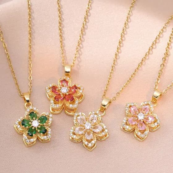 Colar De Moda Rotativo Bauhinia Flor Zircon Aço Titânio 18k Cadeia De Clavícula Com Banho De Ouro Para Jóias Femininas