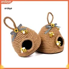 Handmade Woven Rope Bee Hive Hanging Ornament with Sunflower Bowknot – Rustic Farmhouse Decor for Bedroom Room Spring