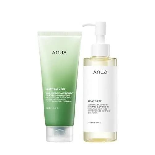 ANUA Duo de Limpeza Dupla para Limpeza Facial, Óleo de Limpeza Heartleaf para Controle de Poros e Espuma de Limpeza Prof