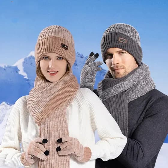 100 % Acrílico 8397 Chapéu De Inverno Luvas Cachecol Conjunto De Três Peças Ao Ar Livre Veludo Quente Proteção De Ouvido