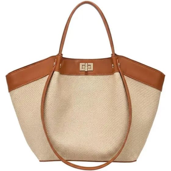 Bolsa Tote Feminina de Lona e Couro Sintético, Bolsa de Ombro com Alça Superior Alada, Elegante para Trabalho, Escritóri