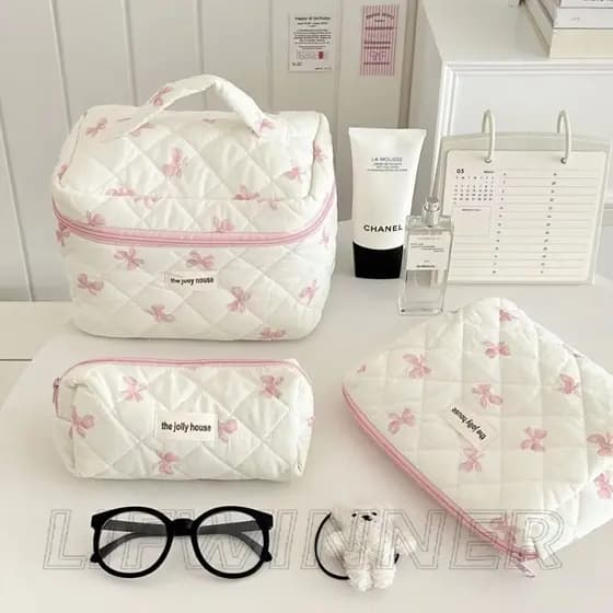 Bolsa Cosmética Com Estampa De Laço Rosa-De Maquiagem De 3 Tamanhos-Grande Capacidade , Portátil-Para Viagens De Meninas