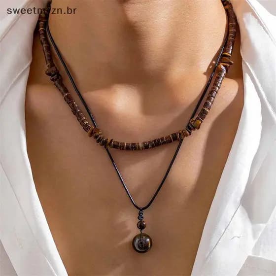 sweetmvzn 2 Pçs/set Pingente De Pedra Natural Nelace Para Homens Contas De Madeira Vintage Fio De Cera De Pele Gargantil