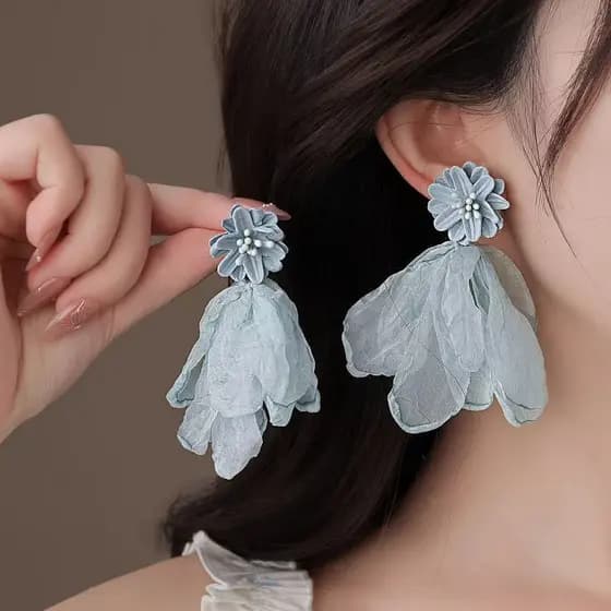 Brincos de flor de Chiffon azul suave atmosfera doce brincos estilo férias