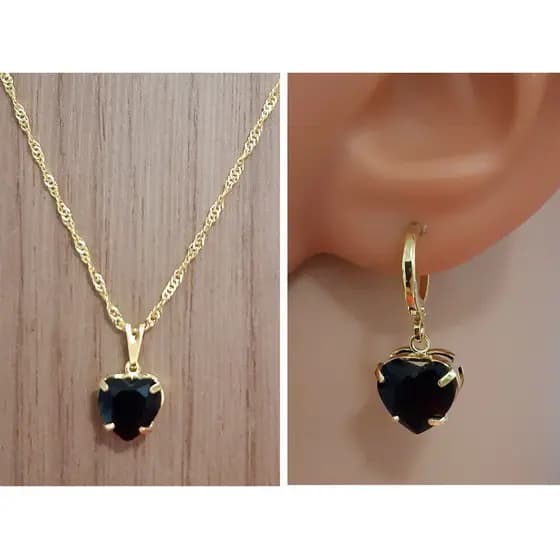 Conjunto Colar e Brinco Pedra Cristal Coração Preto Folheado Ouro 18k Antialérgico