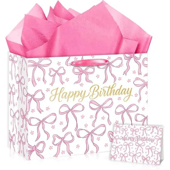Sacola de Presente Nefrayd Rosa com Laço e Letras Douradas de "Feliz Aniversário" e Cartão, Sacolas Grandes Brancas de 1