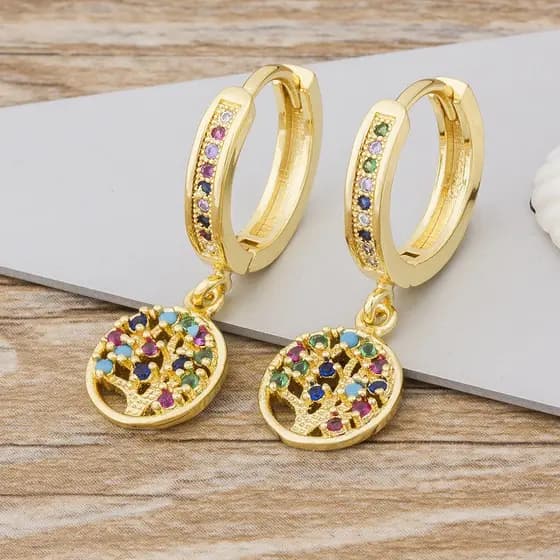 Venda A Quente Brincos De Ouro Árvore Da Vida Para Mulheres Geométricos De Cristal Coloridos Jóias De Moda