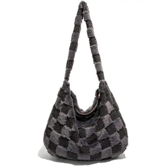 Bolsa Transversal de Pelúcia Xadrez para Mulheres, Bolsa de Ombro Estilo Hobo, Bolsa Macia e Fofa, Bolsa de Mão, Bolsa M