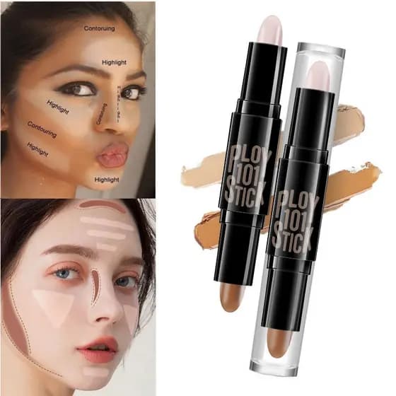 Bastão de Contorno de Dupla Ponta para Iluminação e Sombra, Base para Contorno Facial em V, Corretivo à Prova d'Água de