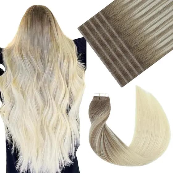 Extensões de Cabelo Adesivas VINBAO Cor Balayage 8 Castanho Acinzentado com Degradê para 60 Loiro Platina, Extensões de