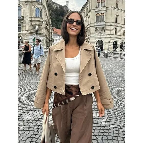 Jaqueta Feminina com Bolsos e Laço - Casaco de Inverno Transpassado - Visual Elegante para o Local de Trabalho - 2026 G2