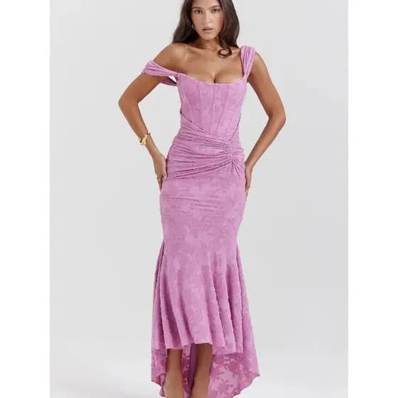 Vestido Longo Elegante Feminino de Renda Jacquard Sem Alças, Estilo Sereia, Franzido, com Corpete Vintage, para Festa No