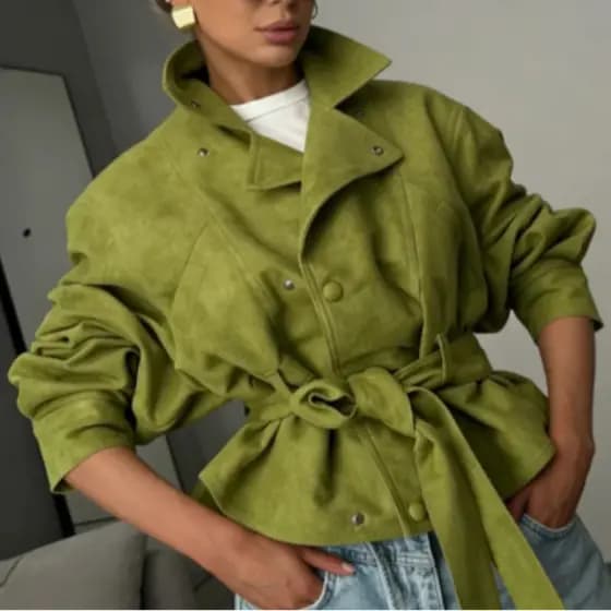 Jaqueta Feminina Verde Abacate com Lapela, Manga Longa, Abotoamento Simples, Trench Coat de Cor Sólida, Nova Coleção Pri