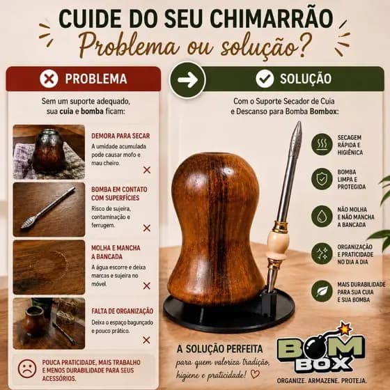 Suporte Secador de Cuia e Descanso para Bomba de Chimarrão | Organizador Mate Bombox